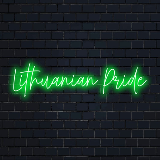 Lithuanian Pride Neon Sign, bright neon lettering on black brick background