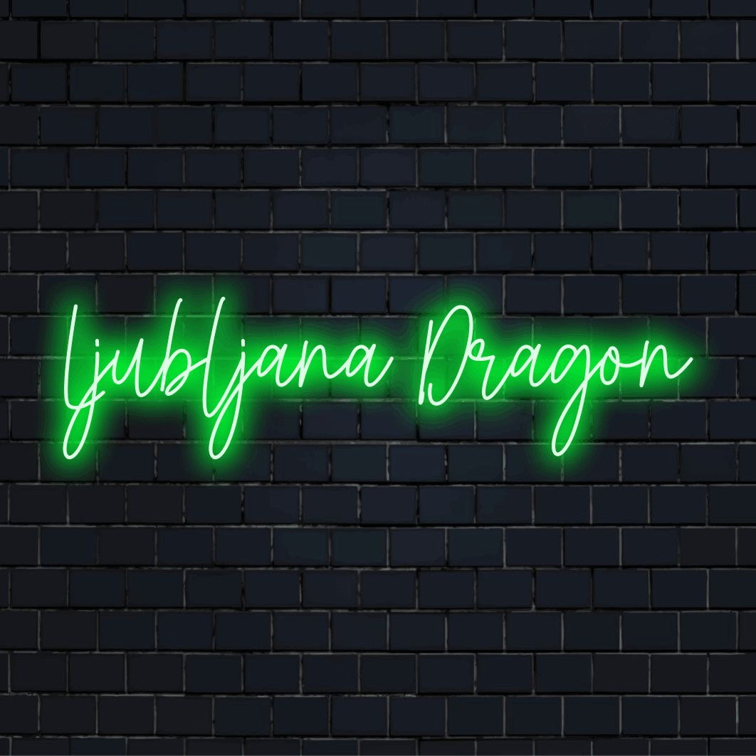 Ljubljana Dragon LED Neon Sign, bright neon lettering on black brick background