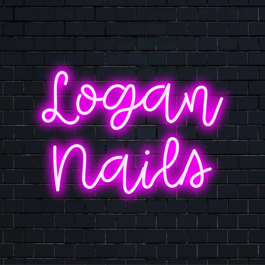 Logan Nails Personalized LED Neon Sign, bright neon lettering against brick backdrop