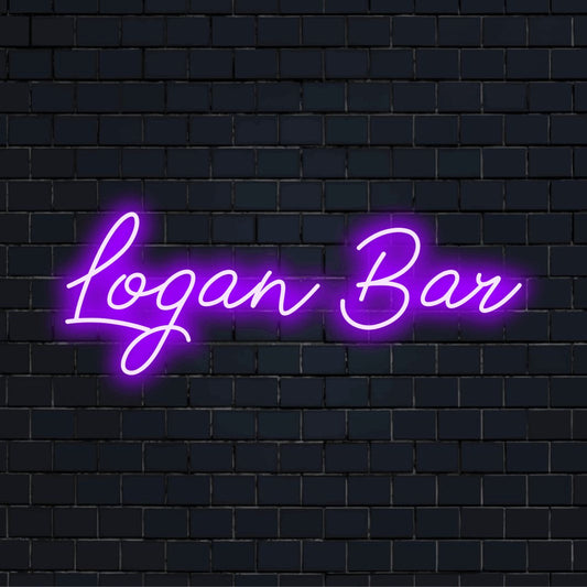 Logan Bar Custom Name Neon Sign, bright LED glow on dark brick background