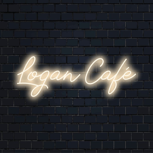 Logan Cafe Personalized LED Neon Sign, soft neon glow against black brick wall