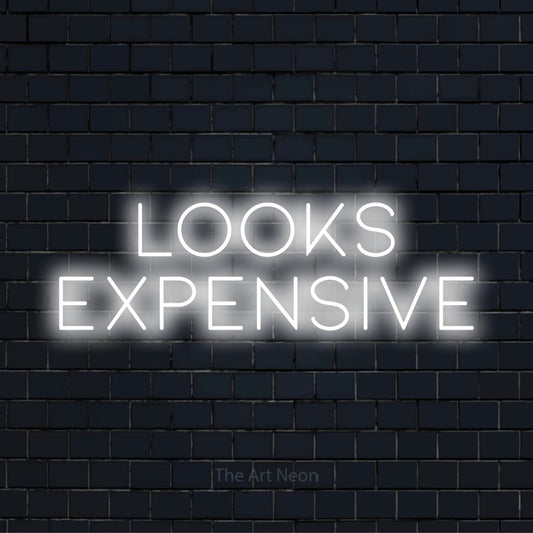 "Looks Expensive" script-style LED neon sign on a black brick wall