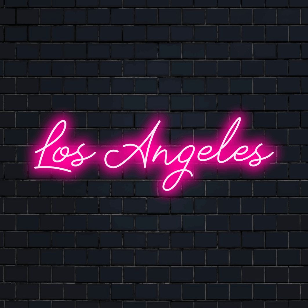 Los Angeles Neon Sign, glowing wall decor on dark brick background