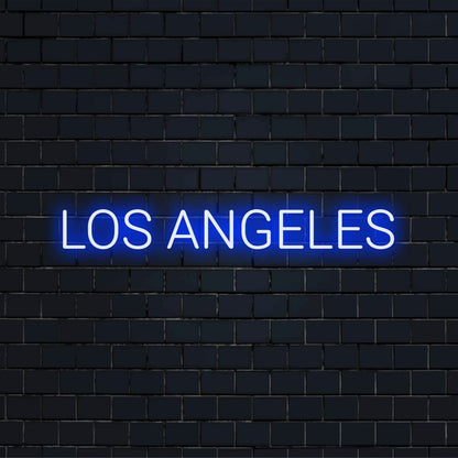 Los Angeles Neon Sign, glowing neon text against black brick wall