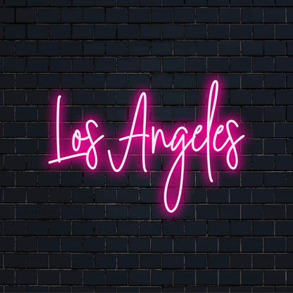 Los Angeles Neon Sign, glowing lettering on dark brick wall