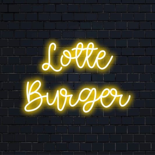 Lotte Burger Personalized LED Neon Sign, soft neon glow against black brick wall