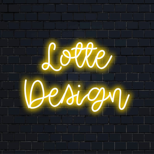 Lotte Design Personalized LED Neon Sign, glowing neon text against black brick wall