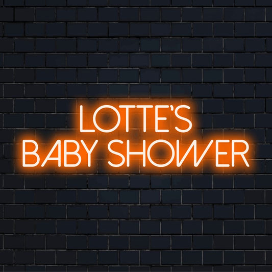Lotte_s Baby Shower Personalized LED Neon Sign, glowing neon text on black brick background