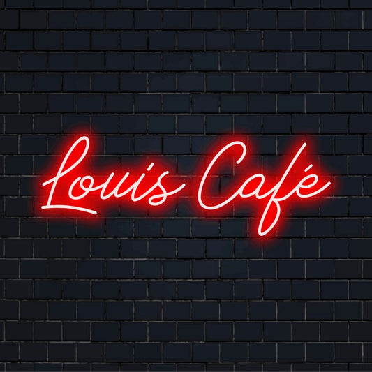 Louis Cafe Custom Name Neon Sign, soft neon glow on black brick background