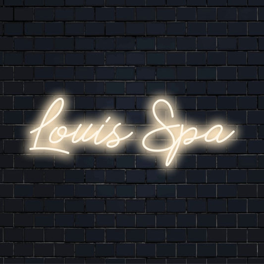 Louis Spa Personalized LED Neon Sign, bright neon lettering against black brick wall