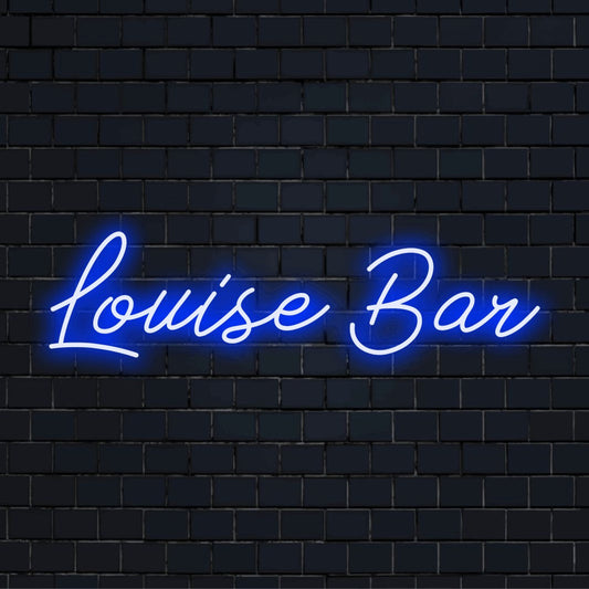 Louise Bar Custom Name Neon Sign, bright neon glow on dark brick wall
