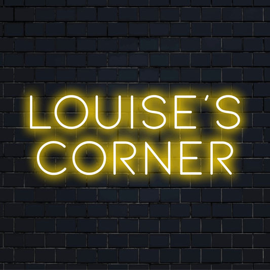 Louise_s Corner Custom Name Neon Sign, bright neon lettering on black brick background