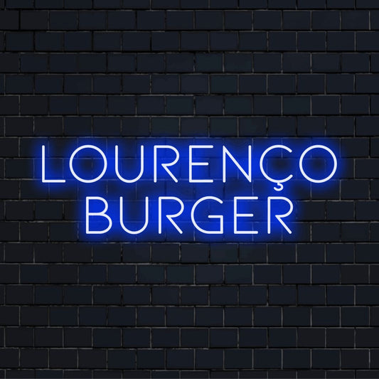 Lourenco Burger Custom Name Neon Sign, glowing neon text against black brick wall