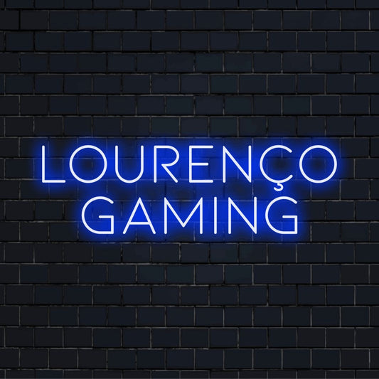 Lourenco Gaming Custom Name Neon Sign, bright LED glow on dark brick background