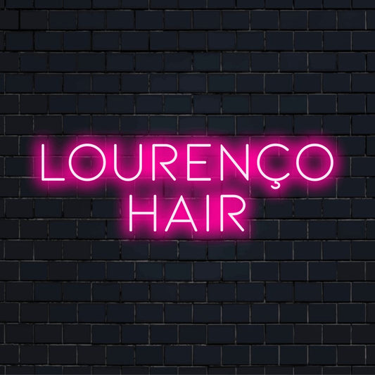 Lourenco Hair Personalized Neon Light with bright LED glow on black brick background