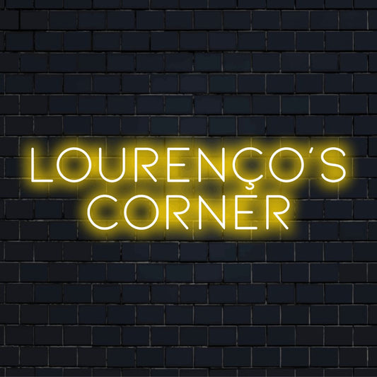Lourenco_s Corner Personalized LED Neon Sign, bright neon glow on dark brick background