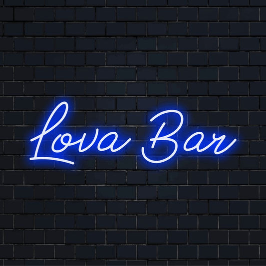 Lova Bar Personalized LED Neon Sign, glowing neon text on dark brick background