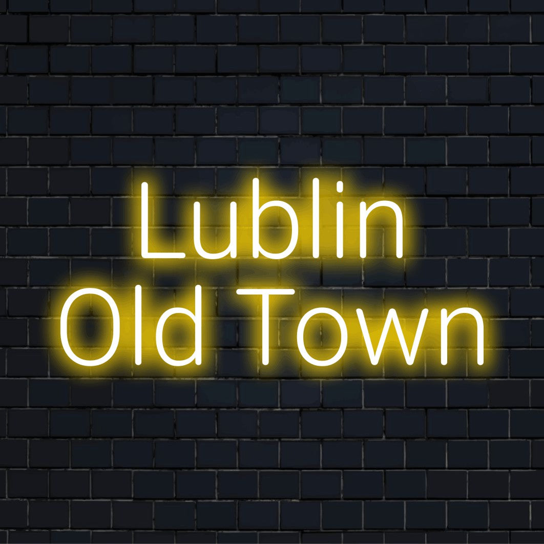 Lublin Old Town LED Neon Sign, neon text light against brick backdrop