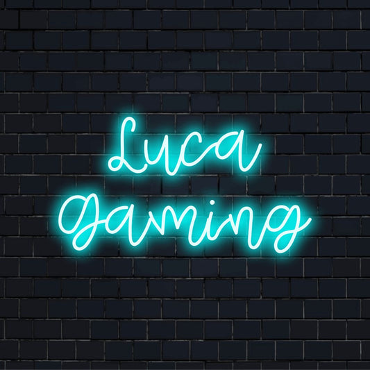 Luca Gaming Personalized LED Neon Sign, soft neon glow against black brick wall