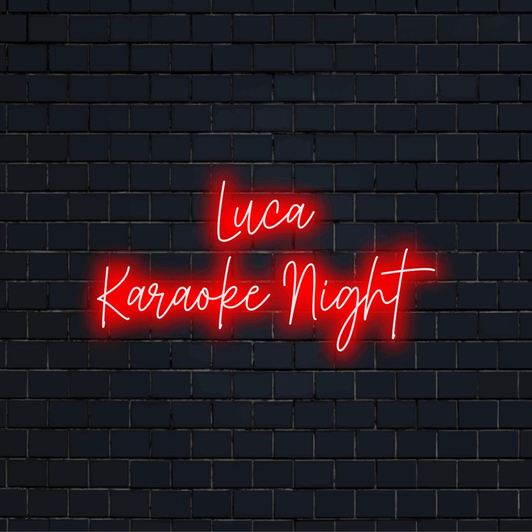 Luca Karaoke Night Custom Name Neon Sign, soft neon glow against brick backdrop
