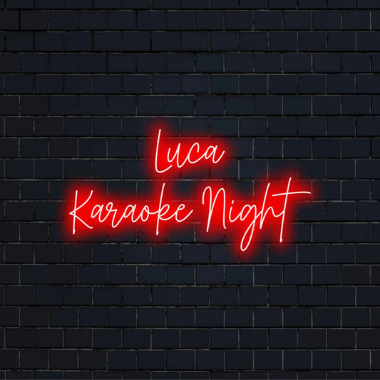 Luca Karaoke Night Custom Name Neon Sign, soft neon glow against brick backdrop