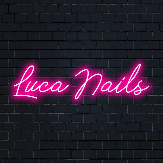 Luca Nails Custom Name Neon Sign, bright neon lettering against brick backdrop