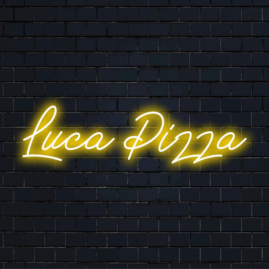 Luca Pizza Custom Name Neon Sign, bright LED glow against brick backdrop