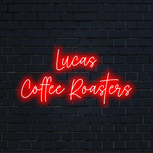 Lucas Coffee Roasters Personalized LED Neon Sign, glowing lettering on black brick background