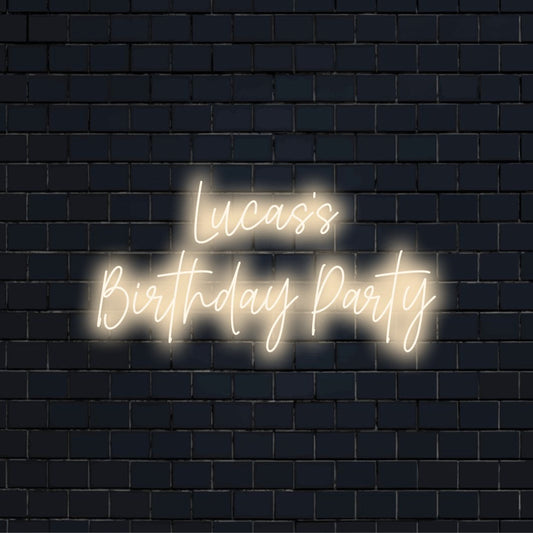 Lucas_s Birthday Party Personalized LED Neon Sign, bright neon glow against black brick wall