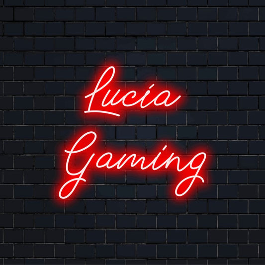 Lucia Gaming Personalized LED Neon Sign, glowing neon text against brick backdrop
