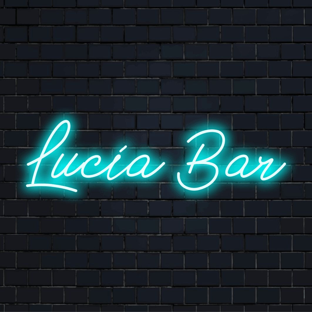 Lucia Bar Custom Name Neon Sign, soft neon glow against black brick wall