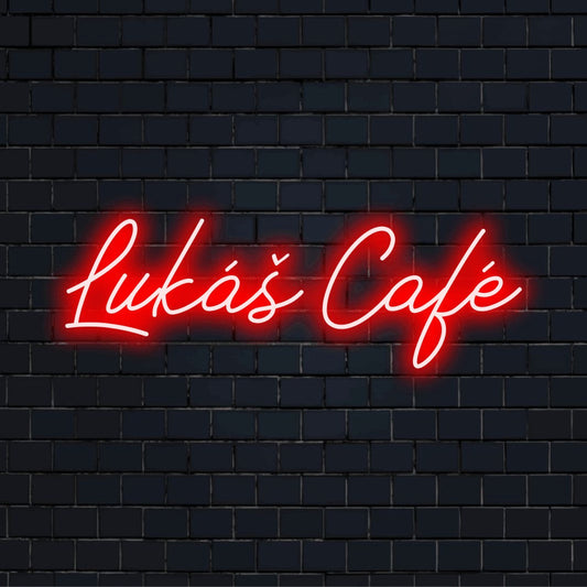 Lukas Cafe Custom Name Neon Sign, glowing lettering on black brick background
