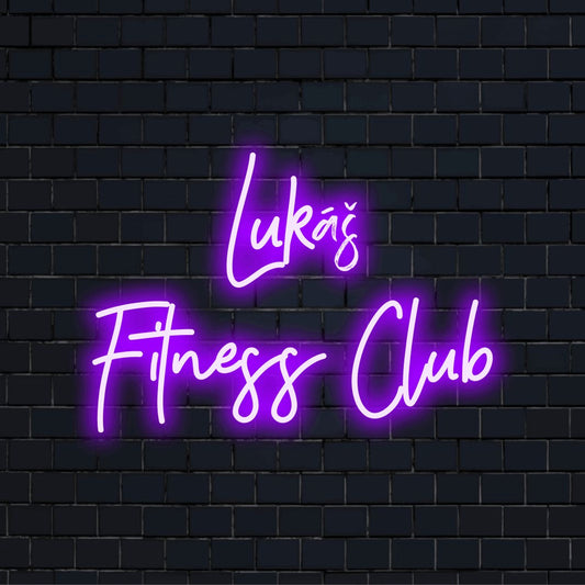 Lukas Fitness Club Custom Name Neon Sign, bright neon lettering on dark brick wall