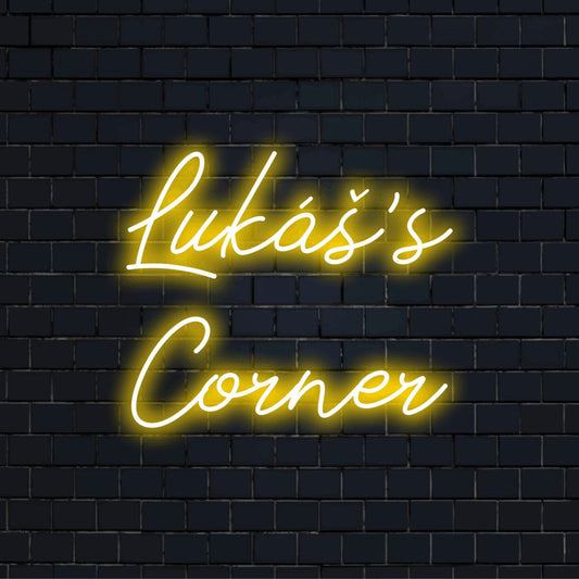 Lukas_s Corner Personalized LED Neon Sign, bright neon glow on black brick background