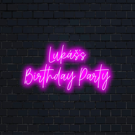 Lukas_s Birthday Party Personalized LED Neon Sign, glowing wall decor on black brick background