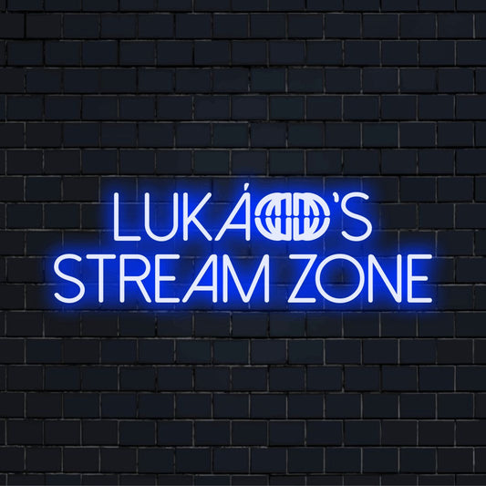 Lukas_s Stream Zone Personalized LED Neon Sign, bright neon glow on black brick background