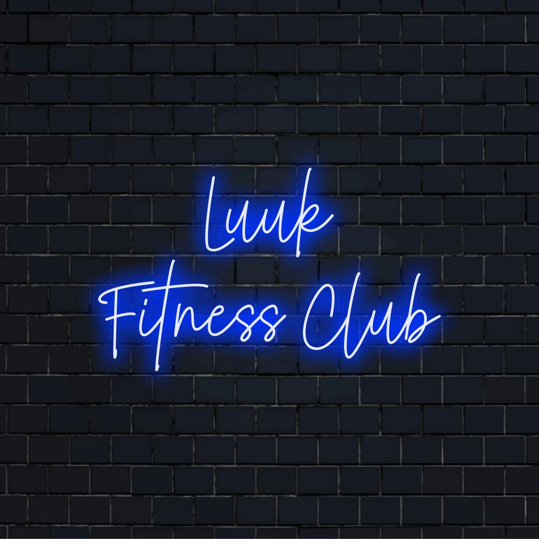 Luuk Fitness Club Custom Name Neon Sign, bright neon glow on dark brick background