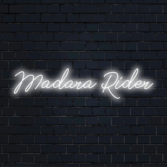 Madara Rider Neon Light with soft neon glow on black brick background
