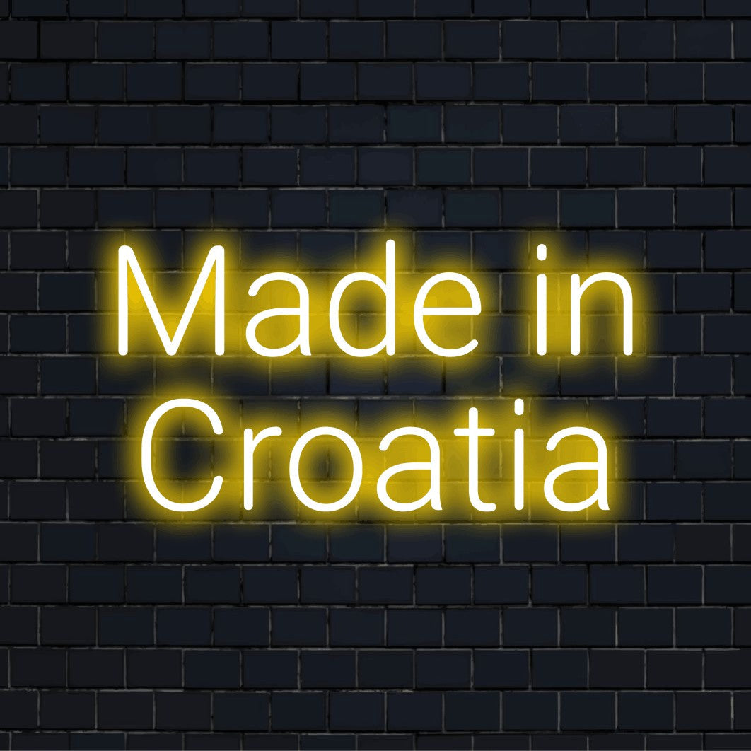 Made In Croatia Neon Sign, bright LED glow on dark brick background