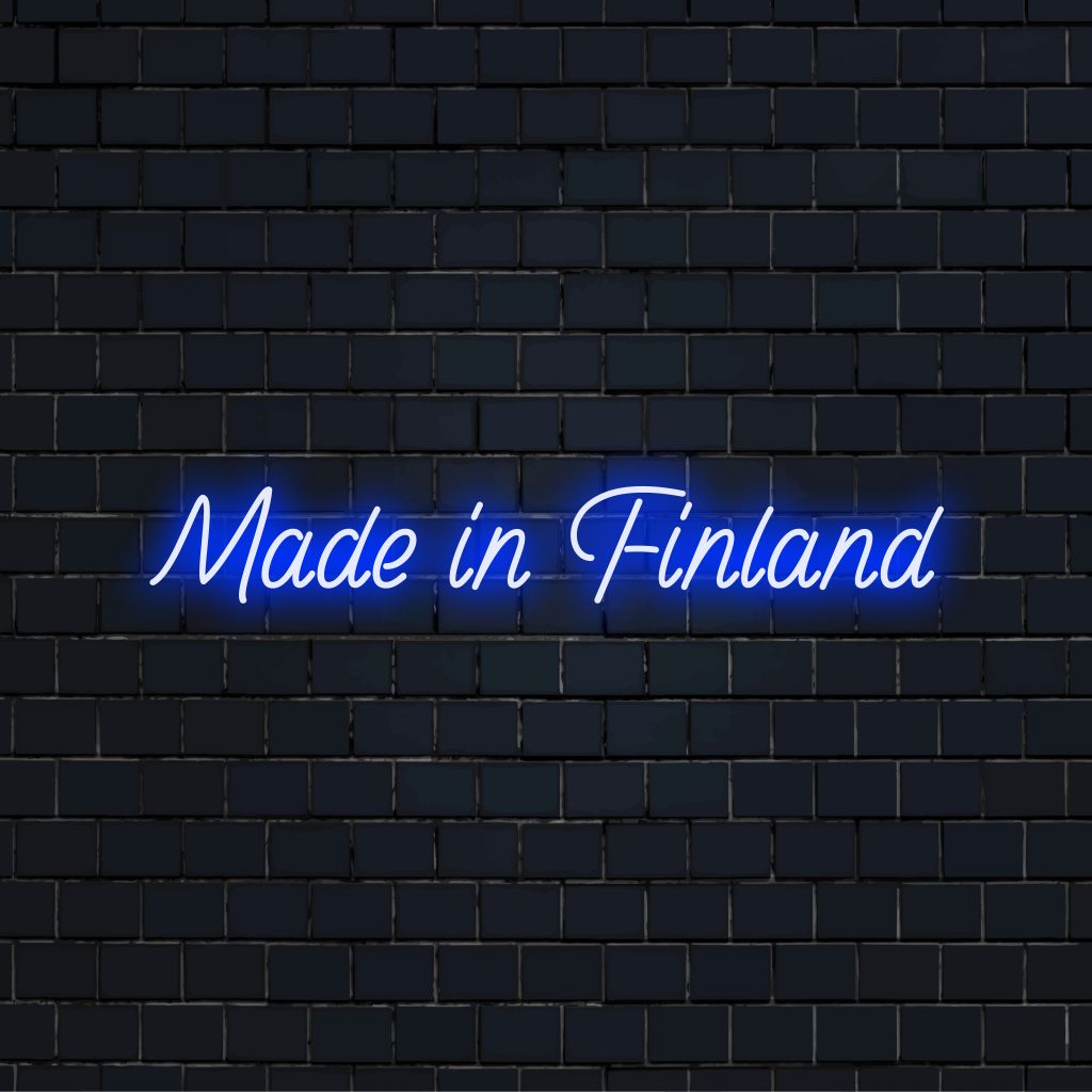 Made In Finland Neon Sign, bright LED glow on dark brick wall