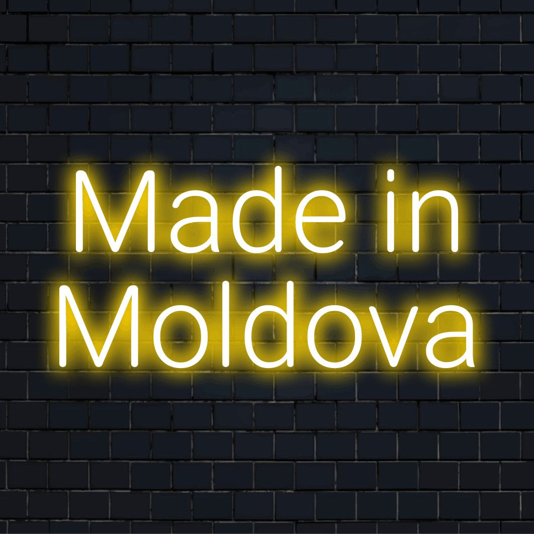 Made In Moldova LED Neon Sign, neon text light against black brick wall