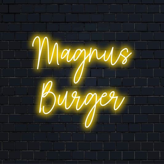 Magnus Burger Personalized LED Neon Sign, bright neon glow on dark brick wall