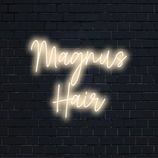 Magnus Hair Personalized LED Neon Sign, glowing wall decor against brick backdrop