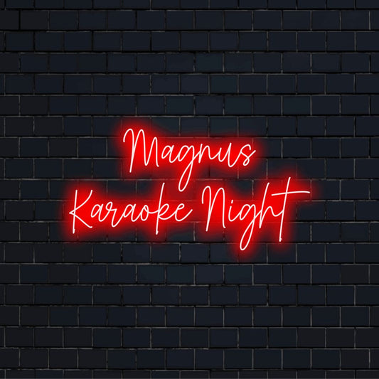 Magnus Karaoke Night Custom Name Neon Sign, glowing neon text on black brick background