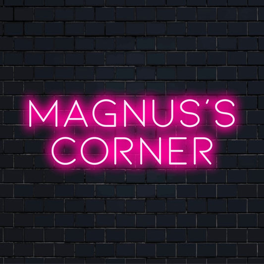 Magnus_s Corner Custom Name Neon Sign, bright LED glow against black brick wall