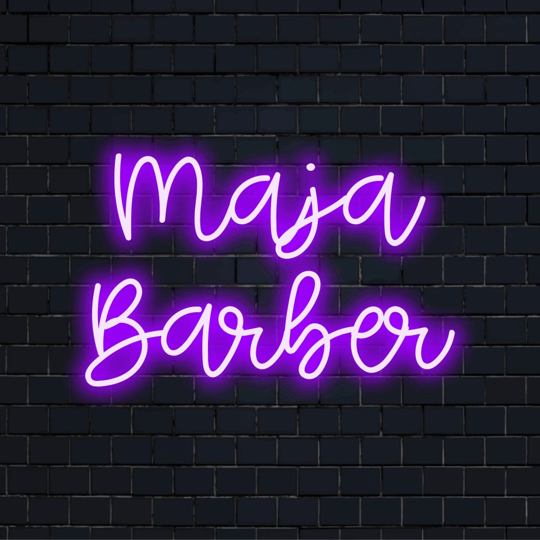 Maja Barber Custom Name Neon Sign, glowing wall decor on black brick background