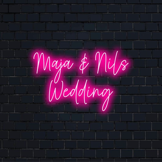 Maja _ Nils Wedding Custom Name Neon Sign, neon text light against black brick wall