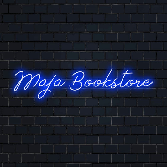 Maja Bookstore Custom Name Neon Sign, glowing neon text on dark brick background