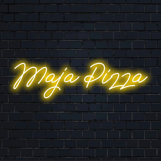 Maja Pizza Personalized Neon Light with bright LED glow on black brick background