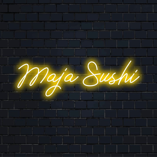 Maja Sushi Custom Name Neon Sign, bright neon glow on dark brick background